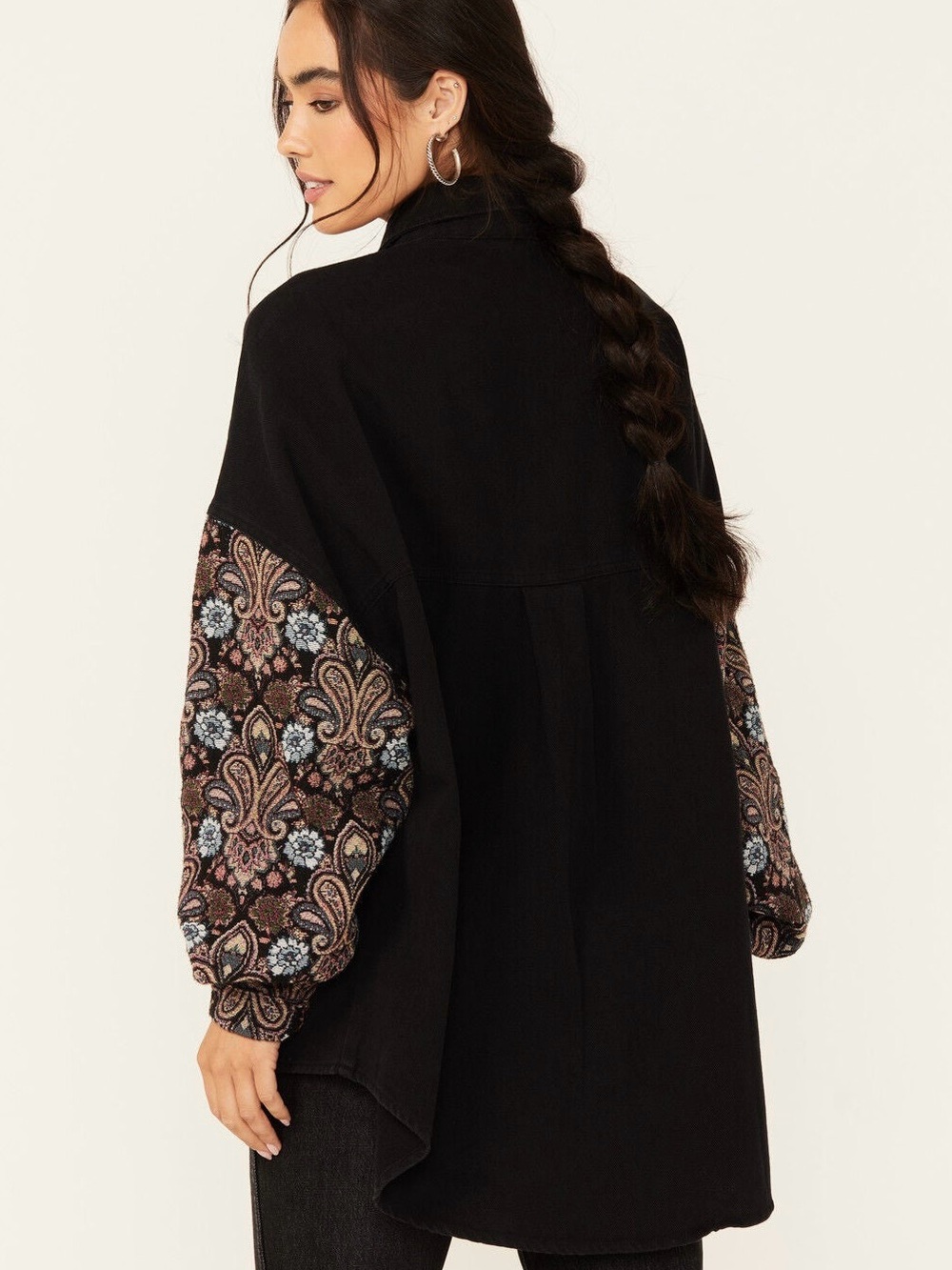 🪻POL Women’s Black Floral Paisley Tapestry Jacket Shacket Cottagecore - Size L - Picture 3 of 7